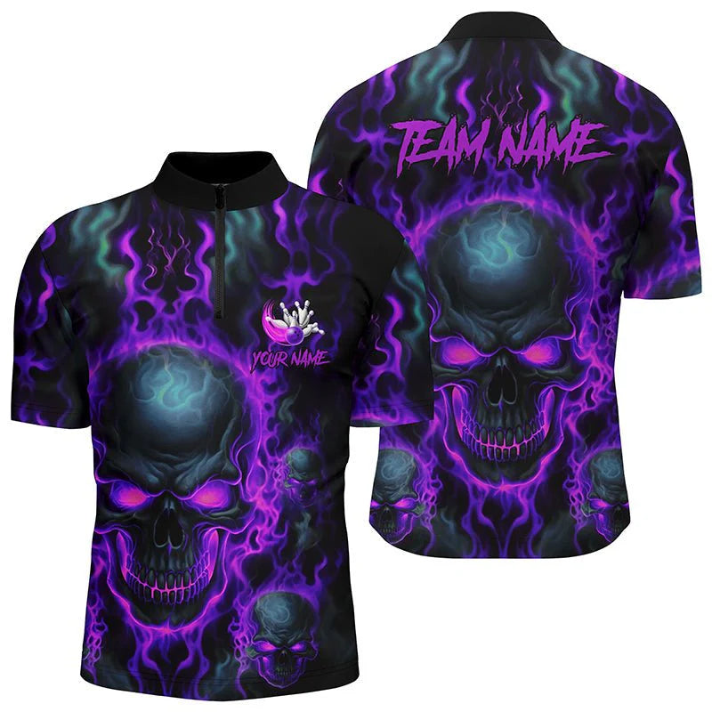 Men's Bowling Quarter-Zip Shirt in Purple with Flame Skull Motif, Team Bowling Jersey, Halloween Outfit s7981